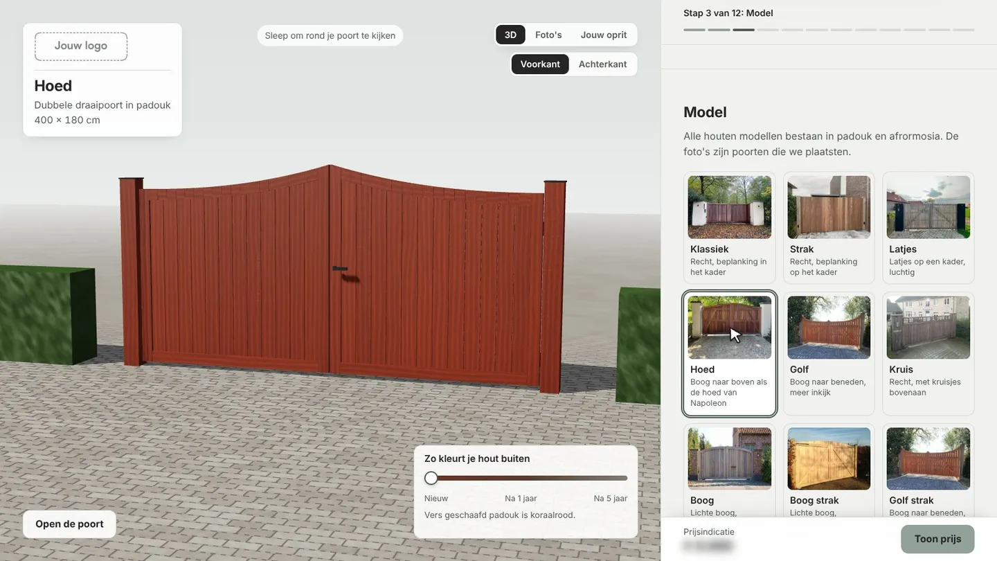 De configurator met een houten poort in 3D en de modellen ernaast